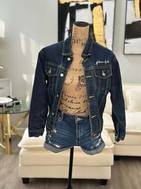 Vintage FUBU Platinum Fat Albert Denim Jacket Embroidered Dark Wash Size 44